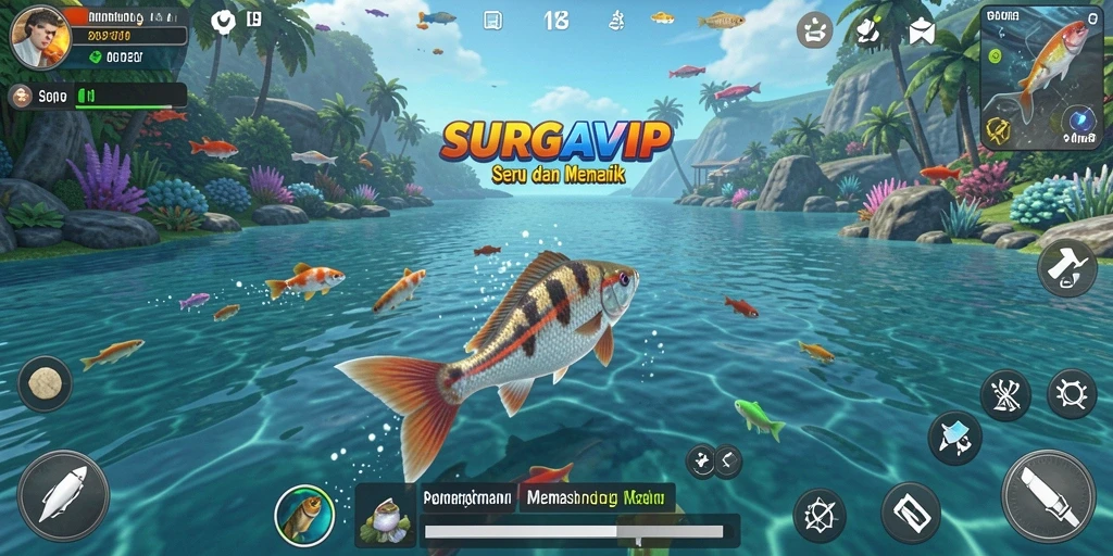 Screenshot gameplay SURGAVIP yang menampilkan pengalaman memancing yang mendebarkan.