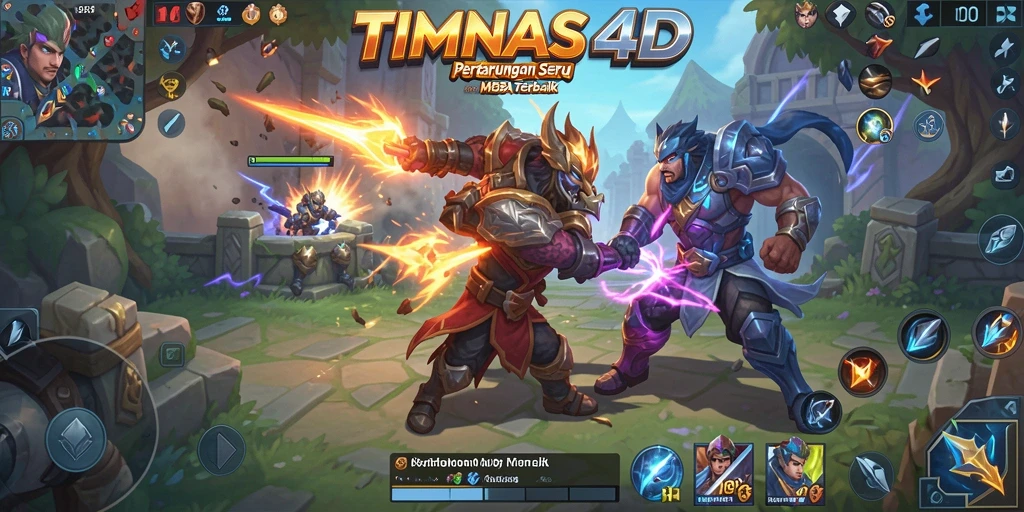 Screenshot utama TIMNAS4D menampilkan aksi pertarungan pemain dalam arena MOBA.